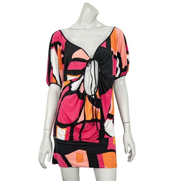 EVA VARRO lace-tie Mini Dress Pink Black Geo Print size Large - Picture 1 of 8